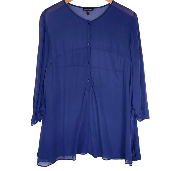 EILEEN FISHER Women’s Silk Pop over Henley Royal blue trapeze blouse